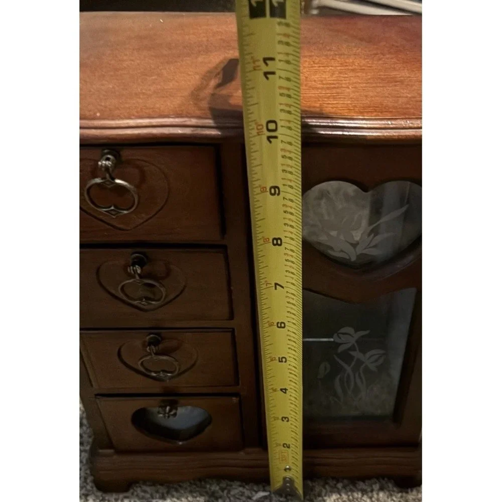 Vintage Wood Jewelry Armoire Box Heart Drawers Etched Glass Door 11